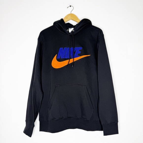 Nike Sportswear Club Fleece Black Hoodie Men’s Large | Blue & Orange Logo NWT - Picture 2 of 6
